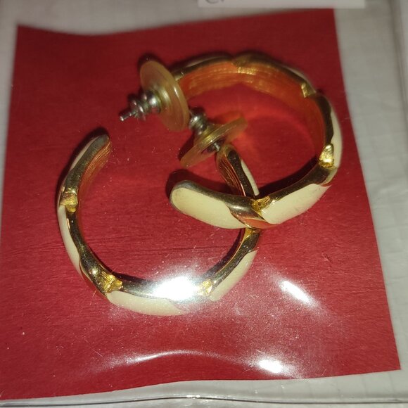Vintage Earrings Gold Cream Semi-Hoops MCM style mid-century modern old - Picture 2 of 3
